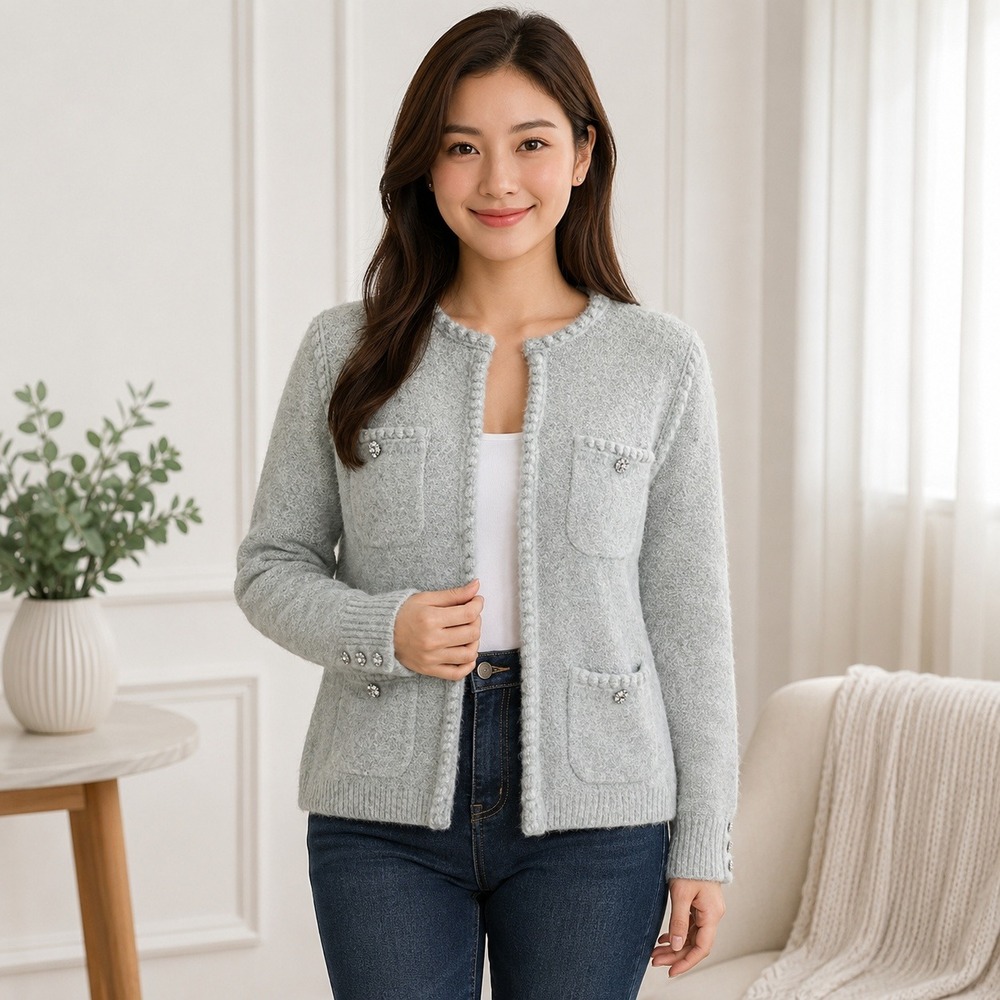 J.Crewβ Cardigan Sweater Women Medium Gray Merino Alpaca Wool Jewel Button Lady
